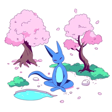 A blue Greninja is sitting cross-legged in a peaceful zen garden. The Greninja has its eyes closed, focusing on meditation. Surrounding it are delicate pink cherry blossom trees with pink petals gently falling around. The ground is covered with smooth white stones arranged in patterns, and there is a small teal pond nearby, reflecting the cherry blossoms. Soft green moss covers some areas of the garden, adding to the serene atmosphere.
