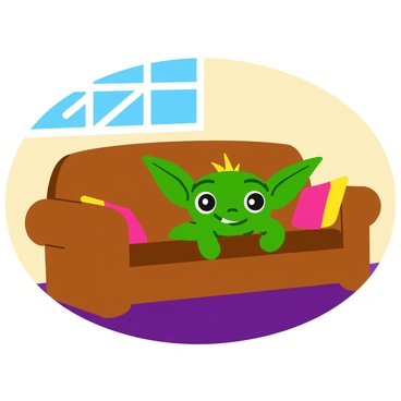 A playful gremlin hiding behind a couch, peeking out with a cheeky grin.