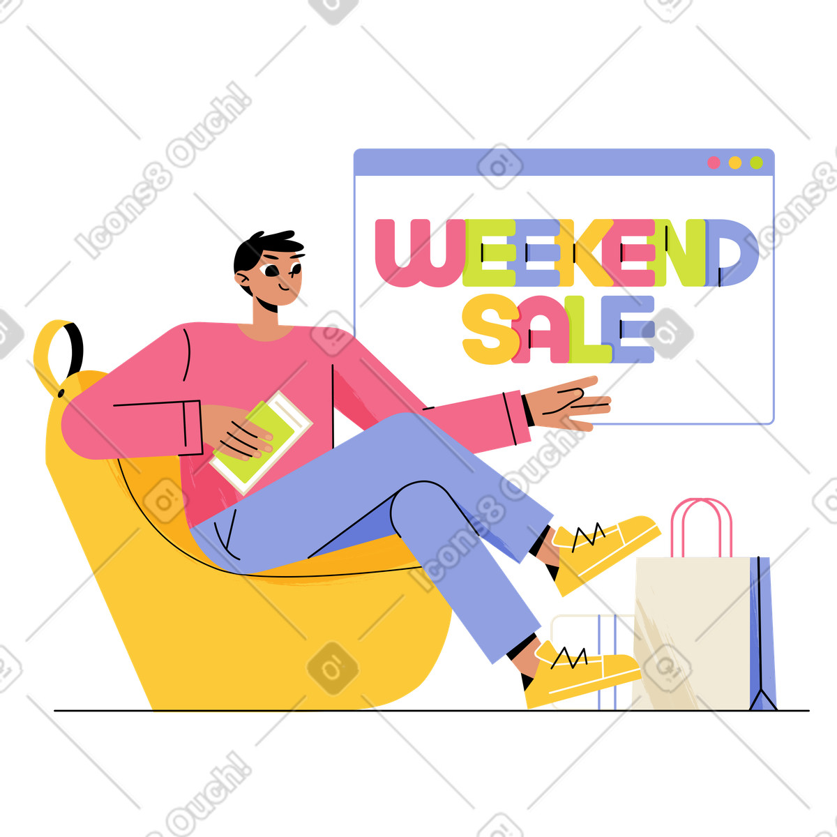 Lettering Weekend Sale in browser with packages and boxes illustration Juicy style download PNG, SVG