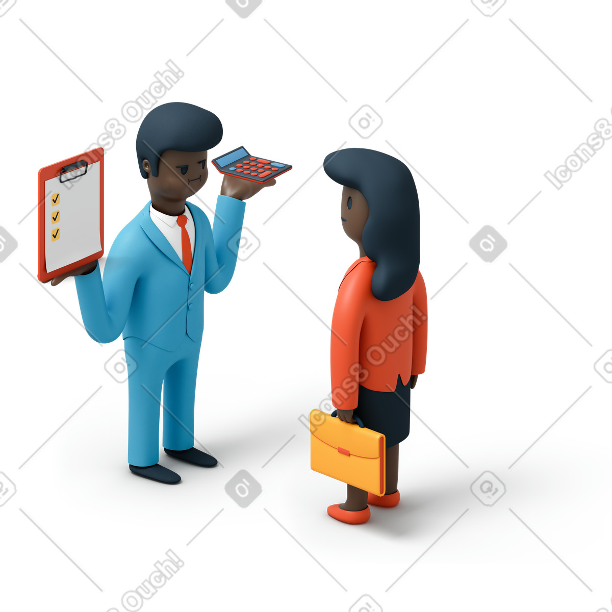 3D Flame スタイルの 2人の同僚間の仕事の会話 のイラストをPNG、SVG形式でダウンロード