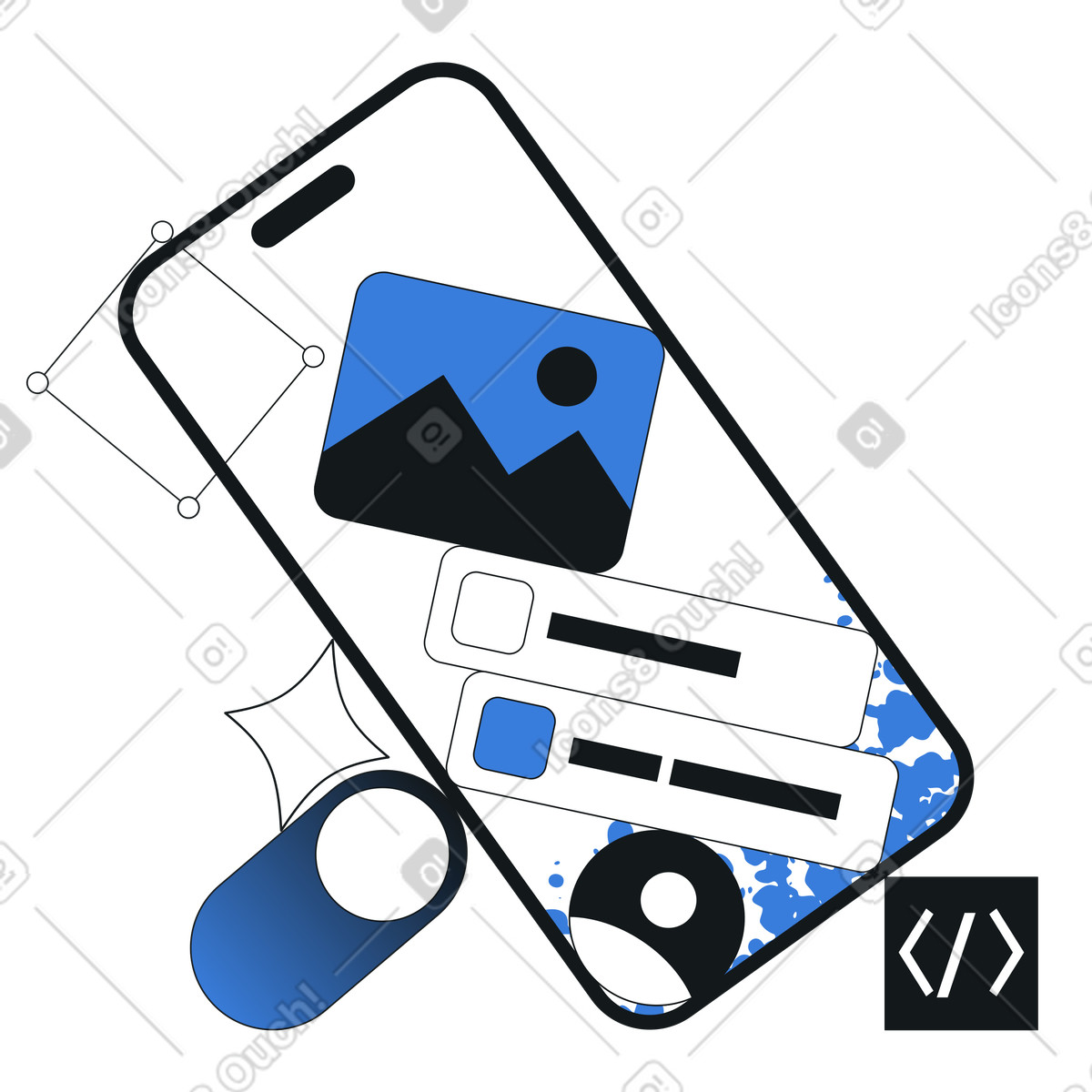 Mobile App Development Interface, UI Design and Prototyping for Mobile Applications illustration in Midnight style download in PNG, SVG