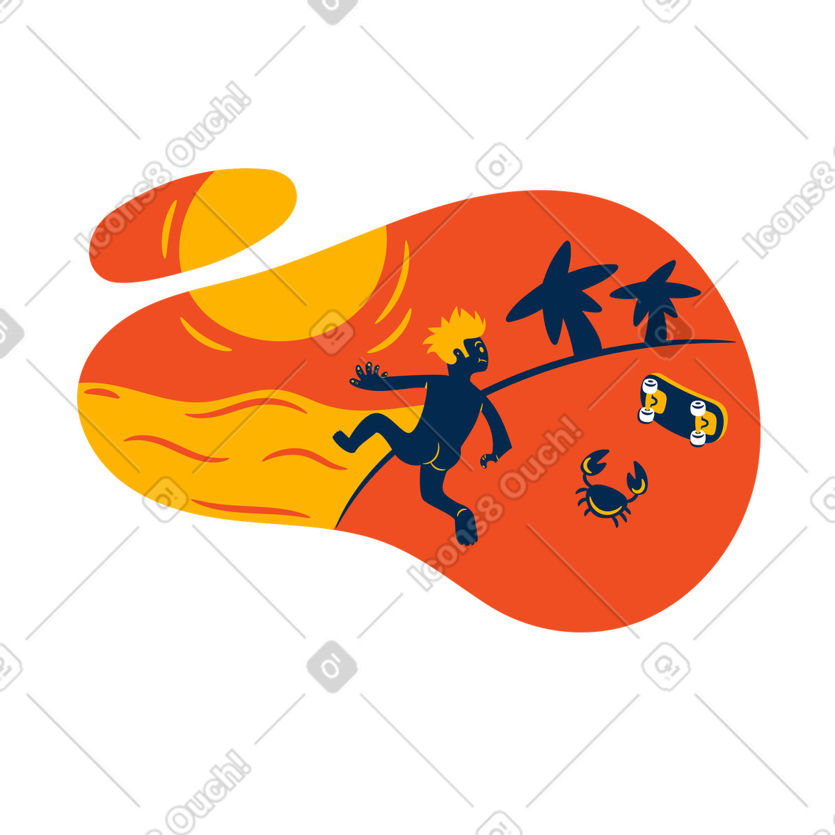 Uomo nudo in fuga da un granchio verso l'oceano illustrazione stile Flame scarica PNG, SVG