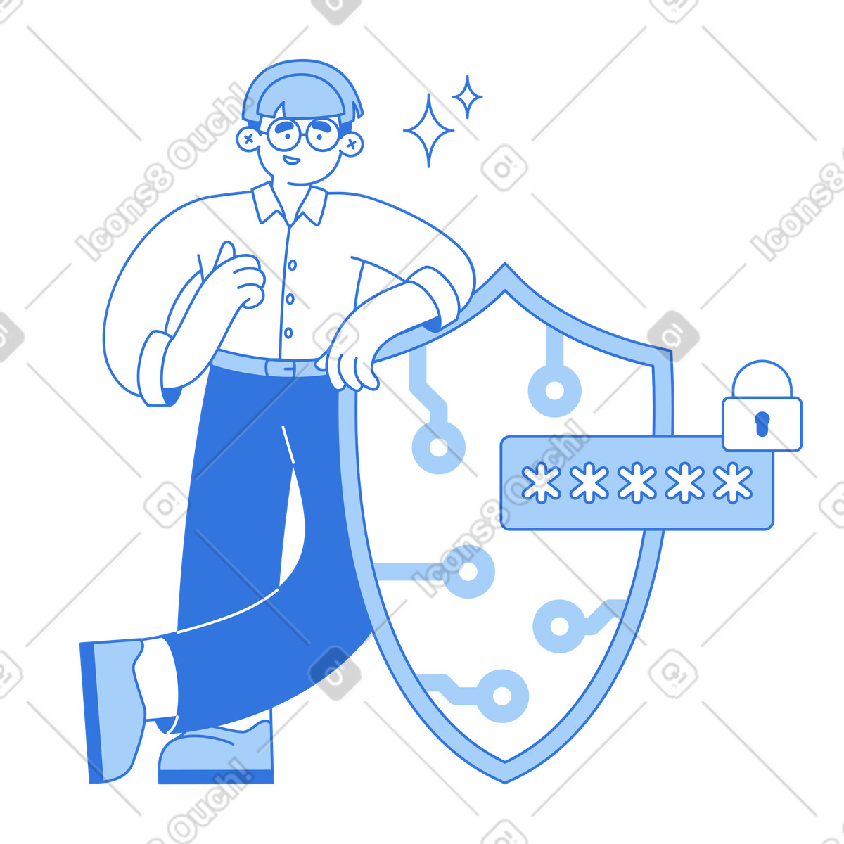 Ilustração de User standing next to circuit shield, Secure login and password management em no estilo Sky para baixar em PNG, SVG