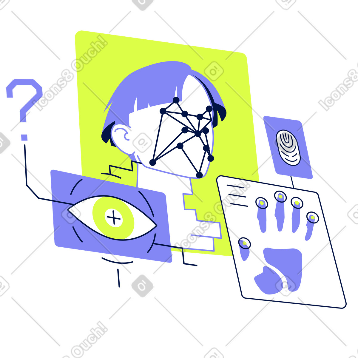 Biometric authentication: facial recognition, retina and fingerprint scanning illustration in Glow style download in PNG, SVG