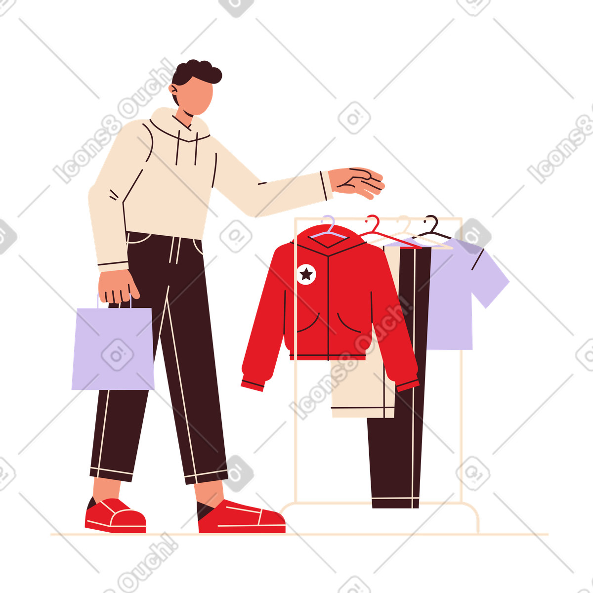 Customer selecting clothes on rack, store shopping experience illustration in Folks style download in PNG, SVG
