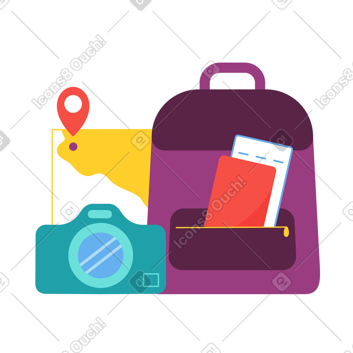 Backpack, camera, and map, Travel essentials or adventure preparation animierte Illustration im Sammy-Stil als Download in GIF, Lottie (JSON), AE