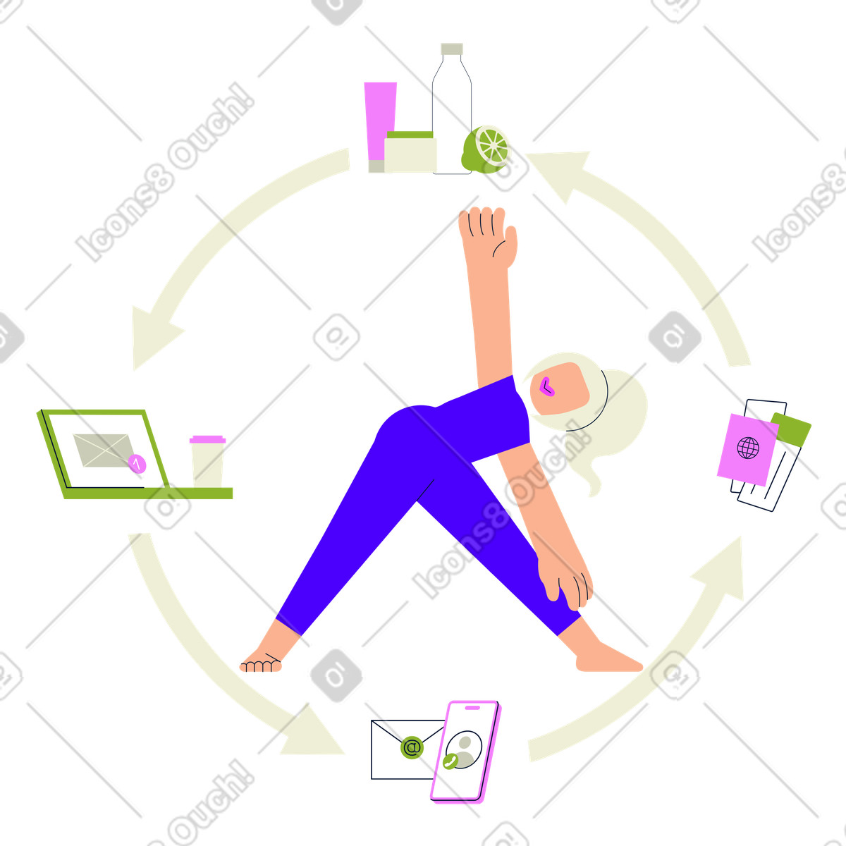 Frau sorgt für eine gesunde work-life-balance animierte Illustration im Cubes-Stil als Download in GIF, Lottie (JSON), AE