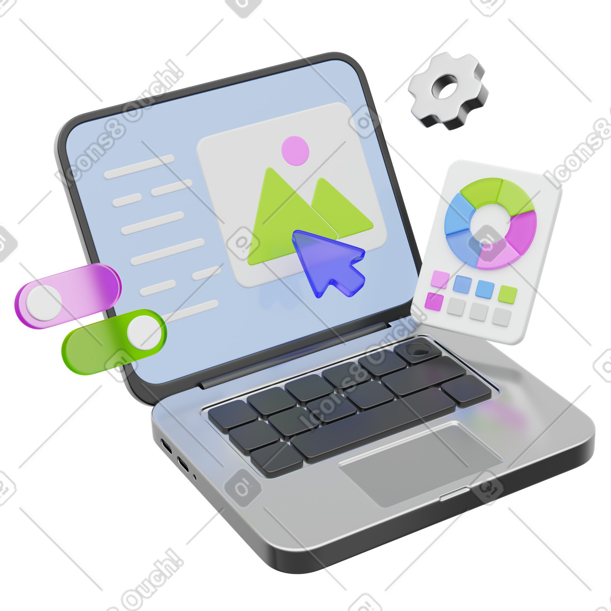 Laptop interface showing ui design dashboard for web prototyping workflow-Illustration im 3D Playful-Stil als Download in PNG, SVG