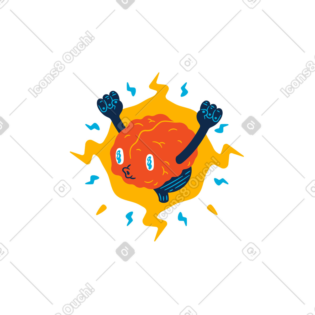 Brain character raising its arms in triumph animated illustration in GIF, Lottie (JSON), AE