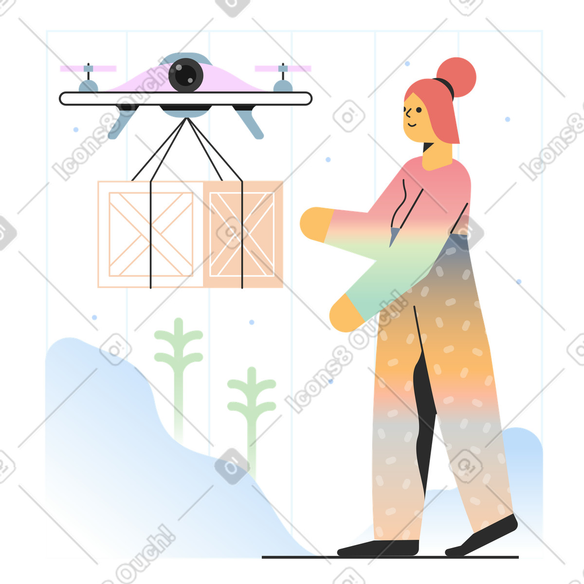 Drone consegna un pacco alla donna illustrazione in stile Marginalia scarica in PNG, SVG