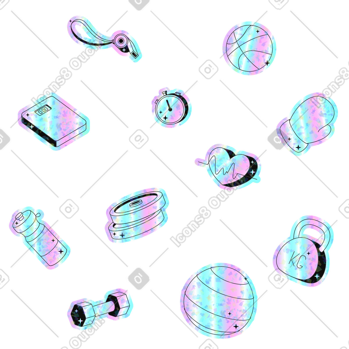 Illustration Pack d'autocollants sur le thème du sport dans style Holostickers à télécharger aux formats PNG, SVG