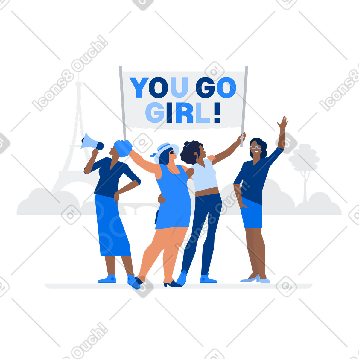Supporters cheering at outdoor protest with 'You Go Girl' banner, Women's rights demonstration illustration in Urban style download in PNG, SVG