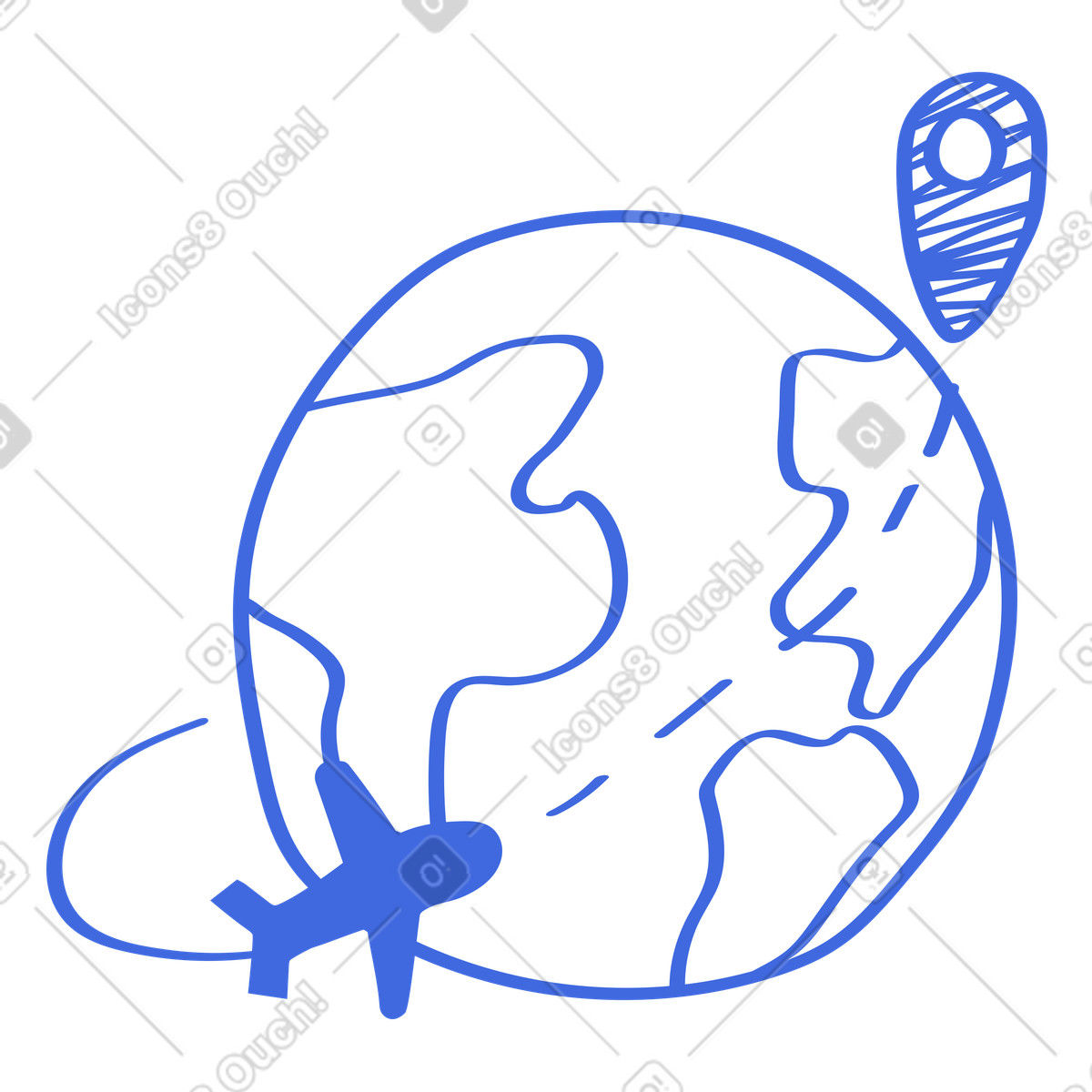 Иллюстрация Airplane flying around globe toward destination map pin travel location в стиле Ballpoint Pen — скачать в форматах PNG, SVG