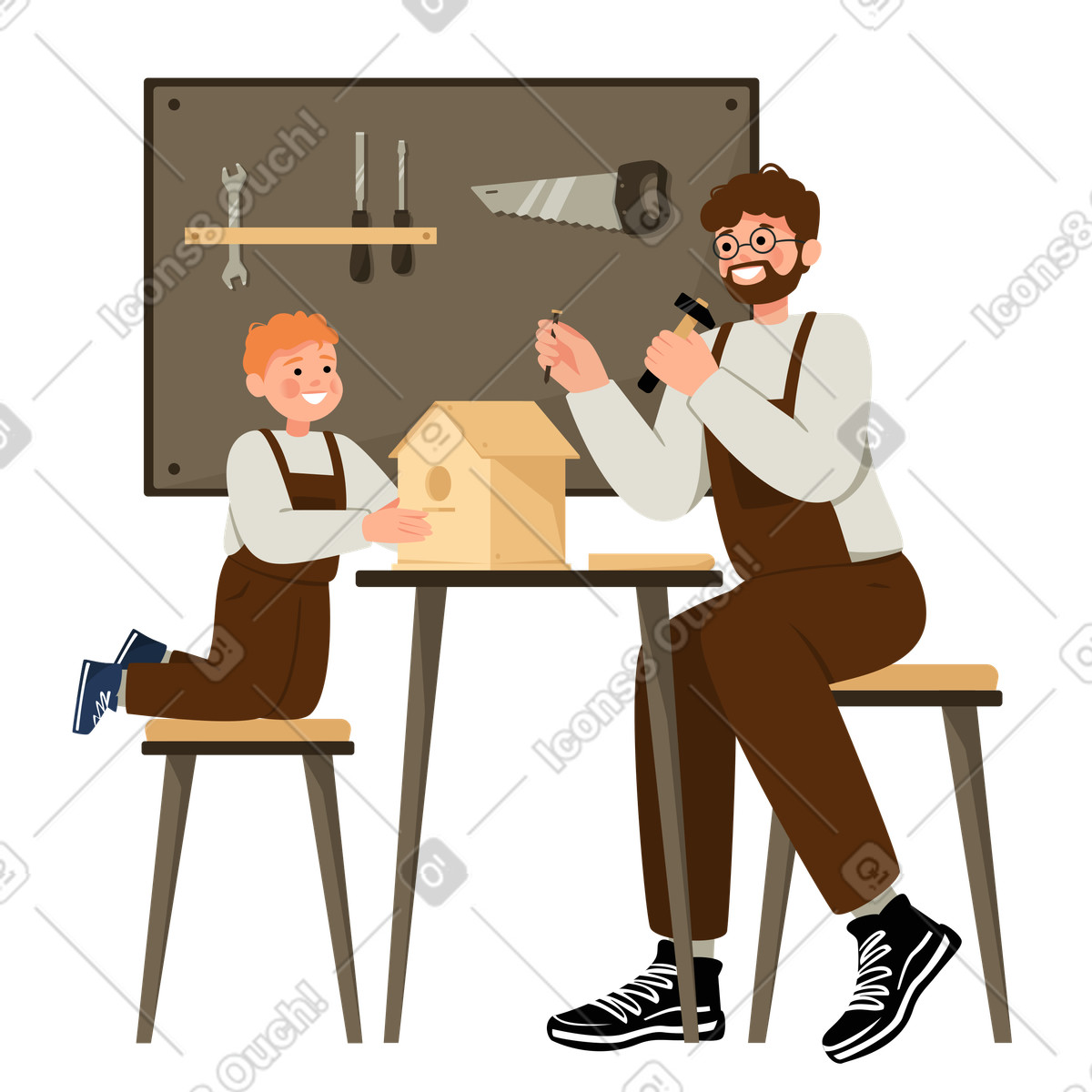 Ilustración Papá e hijo hacen una pajarera en estilo Lagom a descargar en PNG y SVG