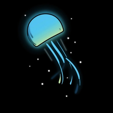 A bioluminescent creature, resembling a jellyfish, floats gracefully in a dark abyss. Its translucent body glows in shades of blue and green, casting an ethereal light around it. Long, flowing tentacles trail behind, gently undulating in the water. The surrounding darkness is punctuated by tiny specks of light, suggesting the presence of other organisms lurking in the depths. The scene captures the contrast between the vibrant glow of the creature and the shadowy environment.