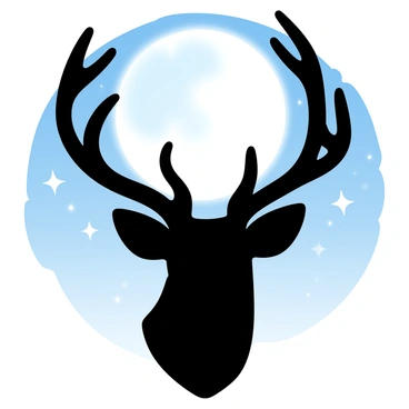 A deer's head is shown in silhouette against a full moon that illuminates the night sky. The moon is large and round, casting a soft glow. Stars are scattered across the dark expanse, twinkling gently. The deer's antlers are prominently displayed, reaching upwards towards the moon. The background features gradient pastel colors, blending from deep navy blue to lighter shades, creating a serene atmosphere.