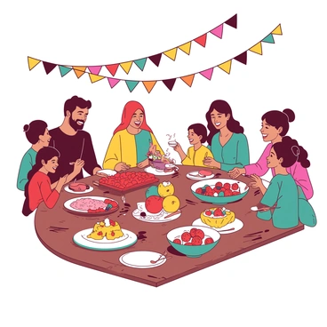 A vibrant scene featuring families from various cultures gathered around a large, wooden table filled with an array of festive foods. There are colorful dishes representing different cuisines, such as a red platter of spicy meatballs, a teal bowl of rice, and a yellow cake decorated with fruits. Each family member is dressed in traditional attire, showcasing their cultural heritage, with some wearing bright scarves and others in elegant dresses. Laughter and joy fill the air as people share stories and serve each other food from their respective cultures. A festive garland made of colorful paper hangs above, brightening the atmosphere.