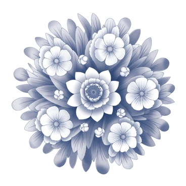 A circular mandala pattern composed entirely of a variety of blooming flowers and leaves. The design features intricate layers of petals that radiate outward, with different types of flowers arranged symmetrically around the center. The leaves are interspersed throughout the floral arrangement, adding texture and depth to the mandala. Each flower exhibits distinct shapes and sizes, contributing to the overall complexity of the design. The intricate lines weave in and out, creating a harmonious flow that enhances the visual impact of the piece.