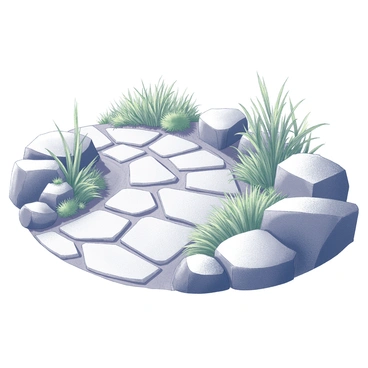 A garden pathway made of stones arranged in a circular pattern. The stones are varying sizes and shapes, creating a textured surface beneath the feet. The arrangement of the stones resembles a wheel, with sections that appear to radiate outward. Surrounding the pathway, there are green grass patches and several small plants that add to the natural ambiance of the garden. The pathway leads through the garden, inviting viewers to follow its curves and explore the area further.