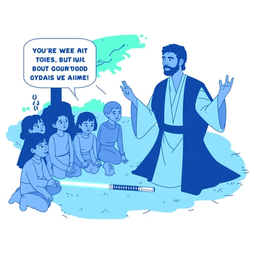 A blue Jedi in a flowing robe is kneeling down on one knee, surrounded by a group of captivated children. The Jedi has a kind expression, and a glowing lightsaber is resting beside them on the ground. The children, a mix of different ethnicities, are sitting on the grass with wide eyes, listening intently. In the background, there are trees with green leaves, creating a serene atmosphere. The Jedi is gesturing animatedly with one hand, while the other hand is raised as if illustrating a point about bravery. A few of the children are leaning forward, fully engaged in the storytelling.