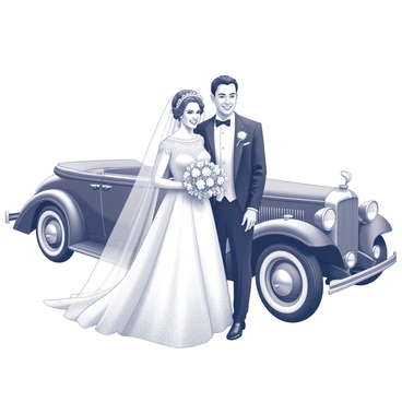 A bride and groom are positioned together in front of an old-fashioned car. The bride is wearing a vintage wedding gown with intricate lace details and a flowing train, while the groom is dressed in a classic tuxedo with a bow tie. They are both smiling, exuding joy on their special day. The car, a classic model with a polished exterior, is parked nearby, showcasing its vintage design. The scene captures the couple's elegance and the nostalgic essence of their wedding theme.