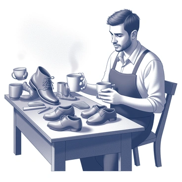 A shoemaker sitting at a wooden workbench, surrounded by various tools and materials used for crafting shoes. He is holding a warm cup of coffee in one hand, with steam rising from the cup. On the workbench, several pairs of neatly finished shoes are arranged, showcasing different styles and sizes. The shoemaker, with a focused expression, gazes at his handiwork, taking pride in his craftsmanship. The room is dimly lit, with light casting gentle shadows across the scene.