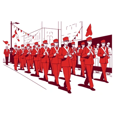 A red marching band in perfect formation is moving down a street during a parade. The band members are wearing crisp uniforms with white accents, and they are holding their instruments confidently. Each member stands tall, showcasing their precise movements as they march in synchrony. Spectators line the sides of the street, watching in admiration as the band displays their discipline and unity. Colorful banners flutter in the background, adding to the festive atmosphere of the parade.
