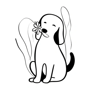 A dog holding a delicate flower in its mouth, illustrated with elegant lines