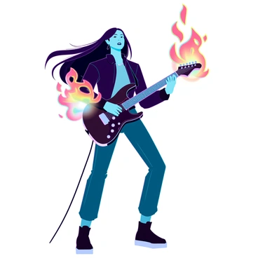 A musician with long, flowing hair and a determined expression is passionately playing an electric guitar. The guitar is sleek and metallic, with a glossy black finish, and vibrant flames are emerging from its body, casting an orange and yellow glow. The musician is wearing a black leather jacket and fitted jeans, standing on a stage with a dramatic stance. There are dynamic movements in the musician's arms, emphasizing the energy of the performance. The flames rise and twist around the guitar, creating a captivating visual effect.