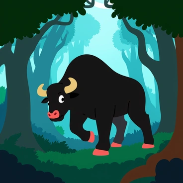 A large, powerful bull with dark fur emerges from the dense shadows of a mysterious forest. The bull stands confidently, its muscular frame highlighted by soft beams of light filtering through the thick canopy above. Surrounding the bull are tall, lush trees with twisted roots and thick foliage, creating a sense of depth in the scene. The atmosphere is rich with vibrant shades of green and brown, emphasizing the contrast between the bull and its natural environment. The bull's intense gaze is directed forward, adding a sense of focus and determination to the image.