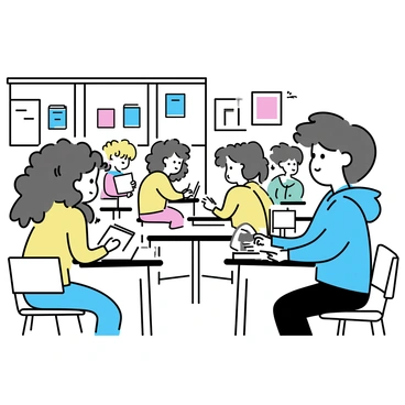 A shy teen with short brown hair, wearing a blue hoodie and black jeans, is sitting at a desk in a bustling classroom. The classroom is filled with various students engaged in conversations and activities. The teen is leaning slightly forward, discreetly holding a folded note in their hand. Their gaze is focused on a classmate, a girl with long curly hair wearing a yellow sweater, sitting two desks away. The girl's attention is on a textbook, unaware of the note being passed to her. In the background, colorful posters decorate the walls, and a large window lets in natural light, illuminating the scene.