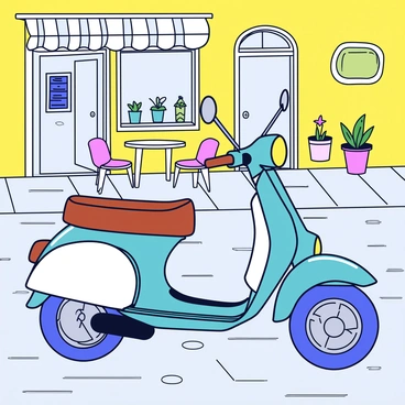 An electric moped designed with a retro aesthetic parked outside a café