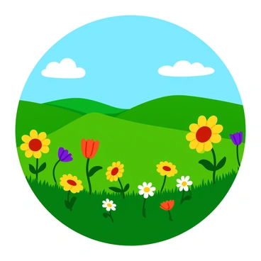 A vibrant field of wildflowers includes a variety of types such as daisies, poppies, and sunflowers swaying gently in the breeze. The flowers are painted in bright colors, featuring shades of yellow, red, and purple that stand out against the lush green grass. The sky above is clear and blue, with a few fluffy white clouds scattered across it. In the distance, gentle hills create a soft horizon line, adding depth to the landscape.