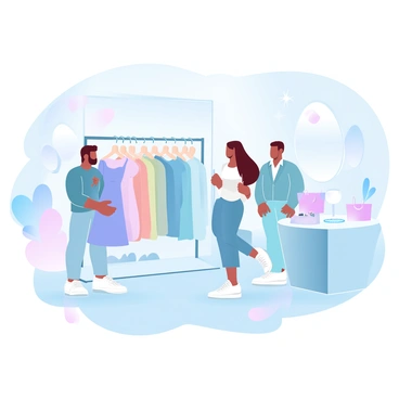 A personal shopper is standing next to a clothing rack filled with various outfits in a boutique. The shopper is holding a stylish dress and showing it to a customer who is looking at several colorful garments. The customer is wearing casual attire and has a thoughtful expression while examining the clothing options. The boutique has soft lighting, and the walls are adorned with decorative mirrors and fashion displays. A few stylish accessories, like bags and jewelry, are placed on a nearby table.