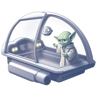 A small spaceship interior with metallic surfaces and control panels. "Yoda," a diminutive green figure with large ears, stands with a wise expression. He is facing a small, round, friendly droid with expressive eyes and a shiny surface. The droid is hovering slightly above the ground, its lights blinking in a cheerful pattern. Yoda is extending his hand towards the droid, as if engaging in conversation. The cockpit has a view of distant stars through the front window, adding depth to the scene.