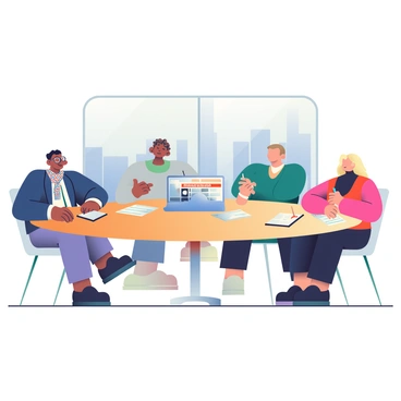 A diverse group of five editors is seated around a large, oval wooden table. Each editor has a unique appearance: one has short black hair and glasses, wearing a navy blazer; another has curly brown hair and a patterned scarf; a third editor is bald with a light beard, dressed in a gray sweater; the fourth has long blonde hair and wears a red blouse; and the last editor has medium-length dark hair and a black turtleneck. They are all engaged in a lively discussion, with papers and digital tablets scattered across the table. In the center, there is a large laptop displaying today's headlines. One editor is gesturing with a pen, while another is taking notes. The room has soft lighting, and a large window offers a view of a city skyline in the background.