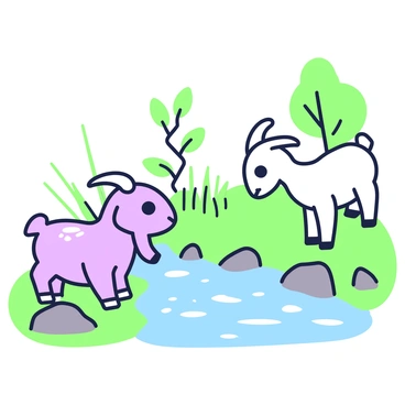 A baby goat standing by a babbling brook, curiously watching the water.