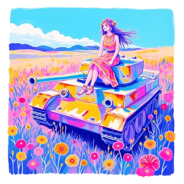 A tank girl dressed in vibrant bohemian fashion is sitting atop a military tank. She has long, flowing hair adorned with colorful accessories, and she wears a flowing, patterned dress with layered necklaces. Surrounding the tank is a field filled with various wildflowers in a spectrum of colors including yellows, purples, and reds. The tank's surface shows signs of wear and rust, contrasting with the bright flowers around it. In the background, a clear blue sky adds to the vivid scene.