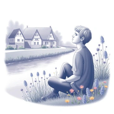 A young Goethe in a quaint village, daydreaming by a riverside with wildflowers around.