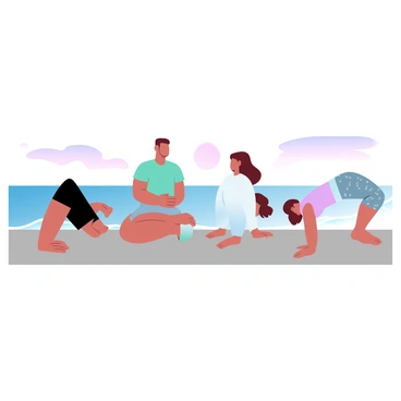 A group of five people is practicing yoga on Santa Monica Pier during sunrise. The first person is in a warrior pose, wearing a light blue tank top and black leggings. The second person is in a downward dog position, dressed in a green t-shirt and grey shorts. The third person is in a seated meditation pose, wearing a white long-sleeve shirt and patterned pants. The fourth person is stretching in a side lunge, adorned in a pink tank top and dark yoga pants. The last person is in a tree pose, wearing a purple t-shirt and light-colored shorts. The sun is rising on the horizon, casting soft gradient pastel colors across the sky. The ocean waves gently lap against the pier, adding a tranquil atmosphere to the scene.