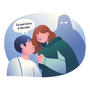 A character with medium brown hair and wearing a dark green cloak is leaning close to another character, whispering "secret plans" into their ear. The second character has short black hair and is wearing a simple white tunic, with a look of intrigue on their face. In the background, a shadowy figure with indistinct features is partially obscured by darkness, listening intently to the conversation. The setting is dimly lit, creating a sense of secrecy and tension in the atmosphere.