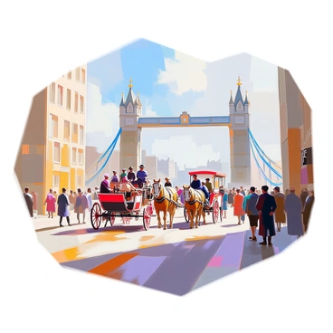 A historical depiction of London Bridge featuring a variety of horse-drawn carriages moving across the structure. The bridge is filled with people in period clothing, some walking alongside the carriages while others are engaged in conversation. There are tall buildings on either side of the bridge, showcasing the architecture of the era. The scene captures the lively atmosphere, with a mix of horses, carts, and pedestrians creating a sense of bustling activity. A clear sky overhead casts light on the scene, enhancing the vivid details of the moment.