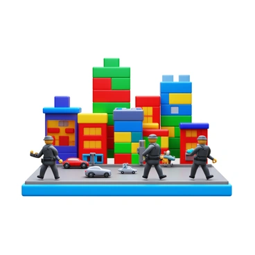 Toy soldiers in various poses, including marching and crouching, are navigating a small cityscape. The cityscape is made of colorful building blocks that resemble tall buildings and houses. There are small toy cars scattered throughout the scene, some parked while others are in motion. The ground is a flat surface, providing a clear path for the soldiers as they move through the blocky urban environment. Bright colors dominate the scene, creating a vibrant atmosphere.