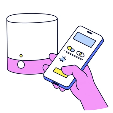 A close-up view of a hand holding a smartphone displaying an app interface. The screen shows various controls for an air purifier, with icons for settings and a toggle for turning the device on or off. The air purifier sits in the background, featuring a sleek, modern design with a smooth white surface and an indicator light. The setting is bright and well-lit, enhancing the focus on the interaction between the hand and the smartphone.
