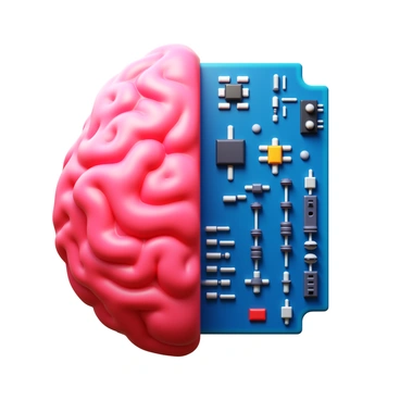 A split image showcasing "a human brain" on the left side, detailed with intricate folds and textures. On the right side, "a circuit board" with various components, including resistors and chips, arranged in a complex pattern. The overall composition highlights the contrast between "the organic structure of the brain" and "the geometric layout of the circuit board."