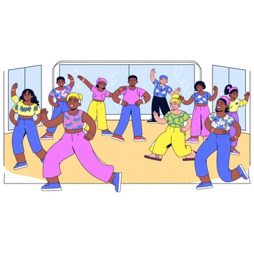 A group of individuals participating in an aerobics class. Each person is dressed in colorful workout attire, reflecting various traditional cultural styles. The instructor is at the front, demonstrating energetic movements inspired by traditional dances. Some participants are mimicking graceful arm movements and rhythmic footwork, while others perform dynamic spins and jumps. The room has mirrors on the walls, enhancing the vibrant atmosphere of the class. The floor is a light wood, providing a warm tone to the setting.