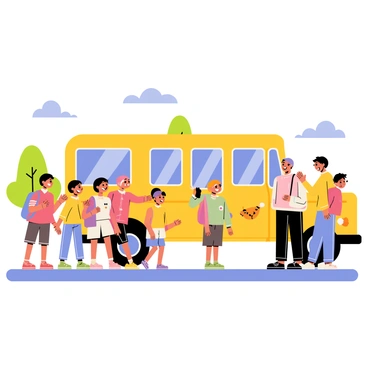 A group of children, wearing colorful backpacks, are gathered at a bus stop. The children, with various hairstyles and clothing styles, are smiling and waving goodbye. Beside them, two parents stand with them, also waving towards a bright yellow school bus that is pulling away. The bus has large windows and is adorned with cartoonish illustrations of animals on the sides. The scene is set against a clear blue sky, and a few trees can be seen in the background, adding to the cheerful atmosphere.