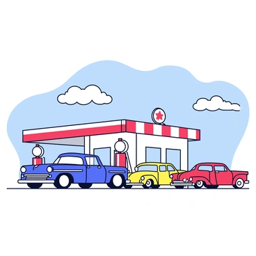 A vintage gas station with a red and white striped canopy. The station features retro-style gas pumps with round glass globes on top. Colorful classic American cars, including a bright blue convertible, a shiny red coupe, and a yellow station wagon, are parked in front of the gas station. The scene is set under a clear blue sky with a few fluffy white clouds.