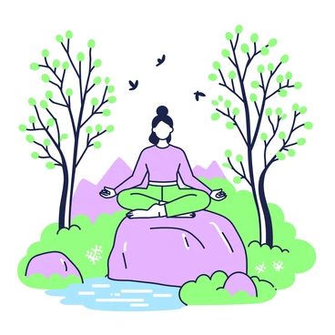 A person is sitting in a meditative yoga pose on a large rock. They have long hair tied back and wear comfortable clothing. Surrounding them, tall trees with sprawling branches create a natural canopy overhead. Below, lush greenery carpets the ground, and a small stream with gentle ripples runs nearby. In the background, the outline of distant mountains can be seen against the sky. Small birds can be depicted fluttering above, enhancing the tranquil atmosphere.