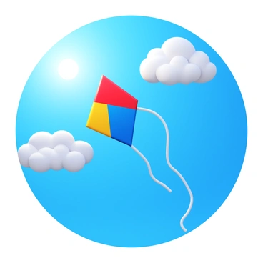 A colorful kite with a long tail flying steadily in the sky. The kite features a bright design with red, blue, and yellow colors. Fluffy white clouds create a soft backdrop, enhancing the scene. The sky is a vibrant blue, with the sun casting light that illuminates the kite. The scene conveys a sense of movement as the kite dances in the wind.